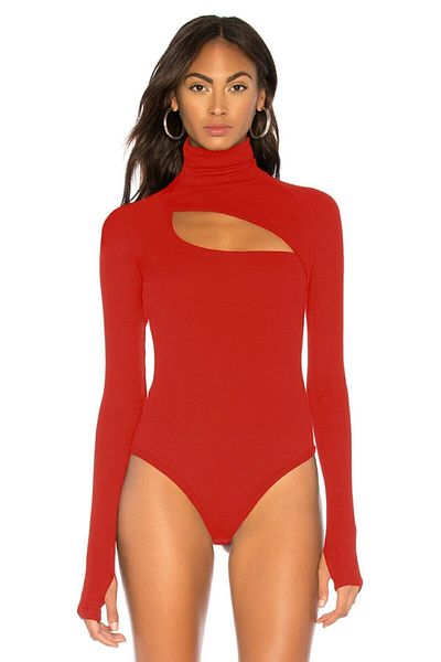 by eymen design Women's Red Milano Turtleneck Finger Snap Silk Jersey Bodysuit