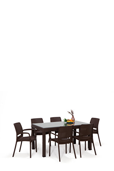 SANDALİE Rattan Large Lüx Camlı Kahve Masa Takımı Bahçe&balkon 1 Camlı Masa +...