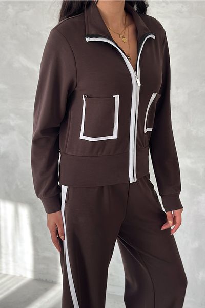 FEMELLE Set de trening din țesătură modal pentru femei, maro, cu fermoar, cu buzunare duble
