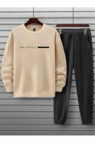 NO 601 Men's Beige Balance Printed Crew Neck Black Tracksuit Set