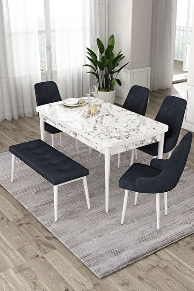 Canisa Eta Serisi 80x132 Beyaz Mermer Desenli Mdf Masa 4 Antrasit Sandalye 1 ...
