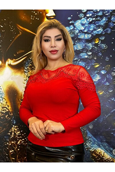 Yeşilmoda bluz  Uzun kollu kirmizi crystal taşlar likrali dantel detayli şik tasarim Yüksek kalite