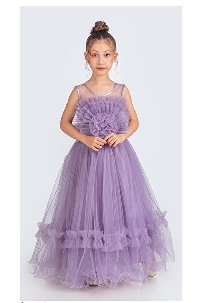 Mnk Baby&Kids Uzun Etekli , Askılı Kız Cocuk Gül Motif Abiye Elbise M00670 LİLA