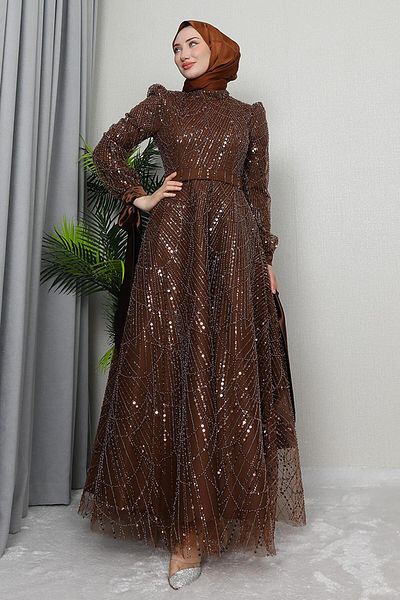 GİZ AGİYİM Selver Hijab Evening Dress Coffee
