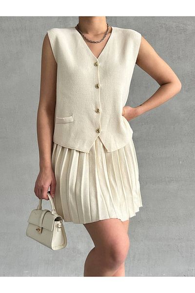 alenmoda Set with Knitwear Vest and Pleated Skirt