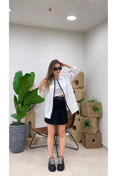 MODA Cămașă lungă din poplin, albă, cu fermoar