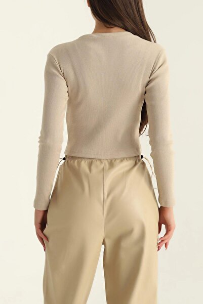 Mossta Μπεζ Crop Cardigan - Ριμπ και με φερμουάρ