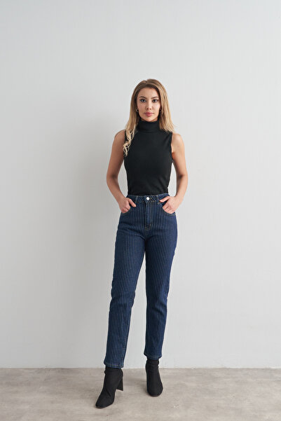 Rabia Çelik Kadın Lacivert Simli Çizgili Straight Fit Yüksek Bel Jean Pantolon