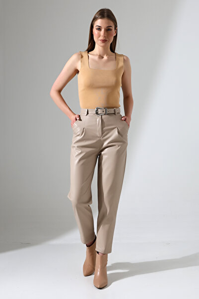 Gugus Women's High Waist Leather Pants - Belted Carrot Model