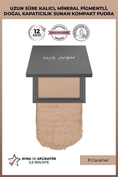 Alix Avien Kompakt Pudra - 12 Saate Kadar Kalıcılık - Soğuk-Nötr Cilt Alt Tonu - Compact Powder 11 Caramel