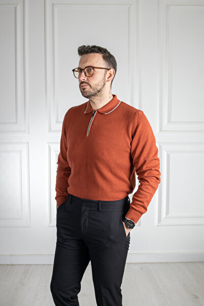 Sarar Interview Wraps Zippered Polo Collar 100% Cotton Tile Knitwear Sweater