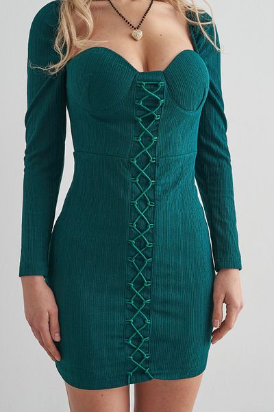 Rabia Çelik Women's Dark Green Cross Rope Detailed Mini Dress with Breast Cups