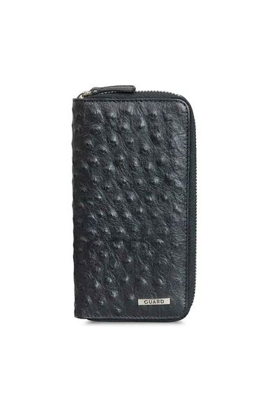 GUARD Black Ostrich Print Zippered Portfolio Wallet