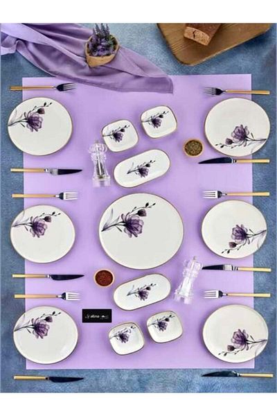 ALİNA HOME Loya Purple Model 13 Pieces 6 Person Brown & Presentation Set