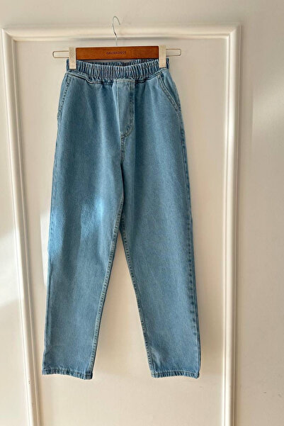 lurex moda Beli Lastikli Geniş Kesim Mom Jeans
