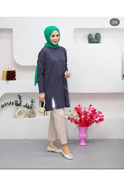 MY CİTY YASEMEN KADIN DESENLİ  İNCİ TAŞ İŞLEMELİ YIRTMAÇ DETAYLI MERSERİZE TUNİK