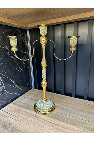 ZEKİ HEDİYELİK Üç Kollu Taşlı Gold Şamdan Mumluk – Zarif Ve Lüks Dekoratif Ta...