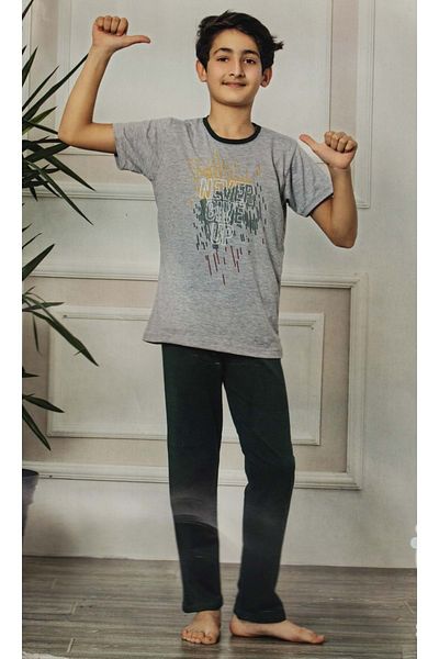 Mnk Baby&Kids Short Sleeve T-Shirt, Long Pants Printed Boys Pajamas M00673 Grey - Green