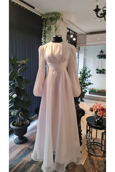 makbuleofficial Ekrubeyaz Color Organza Fabric, Balloon Sleeves, Lace-Up, Promise Engagement Promise Evening Dresses for Wedding