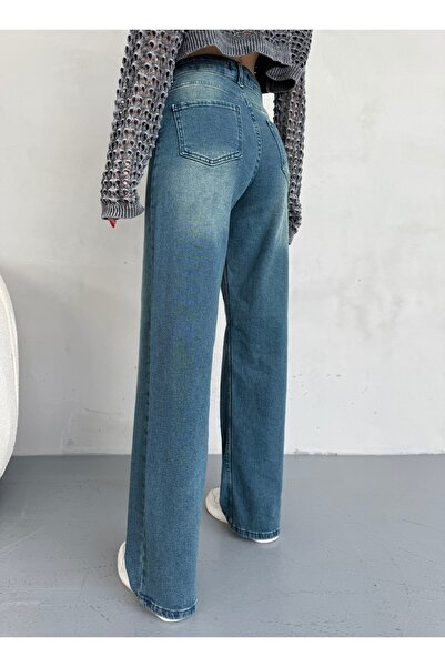alanora Kadın Yüksek bel Soluk Efektli Vintage Palazzo Jeans