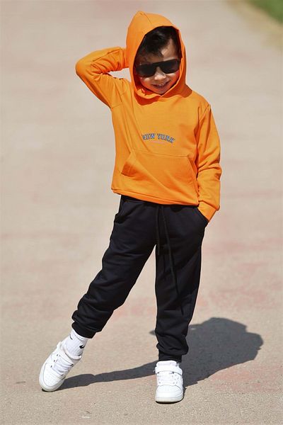 Mnk Baby&Kids Παιδική αθλητική φόρμα Newyork Mini Kangaroo Pocket Hooded Mnk0508 Orange