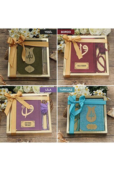 İkranur Hediyelik Kadife Kur'an-ı Kerim, Inci Tesbih, Gold Asetat Kutulu (20×...
