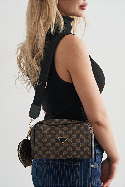 Rabia Çelik Kadın Kahverengi Desenli Ayarlanabilir Askılı Çift Cepli Çıkarıla...