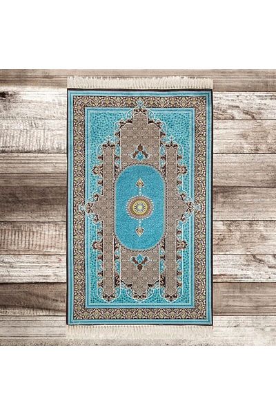 İkranur Gift Silk Twist Prayer Rug, Pearl Prayer Beads, Special Acetate Box (20×8) Religious Set Blue