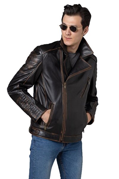 Deriderim Francis Black Blackout Back Skull Printed Biker Biker Men's Genuine Leather Coat with Zipper