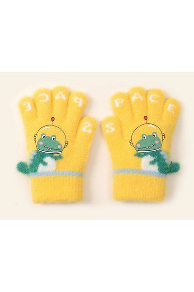 Petityu 3-6 Years Yellow Knitted Dino Warm Space Gloves