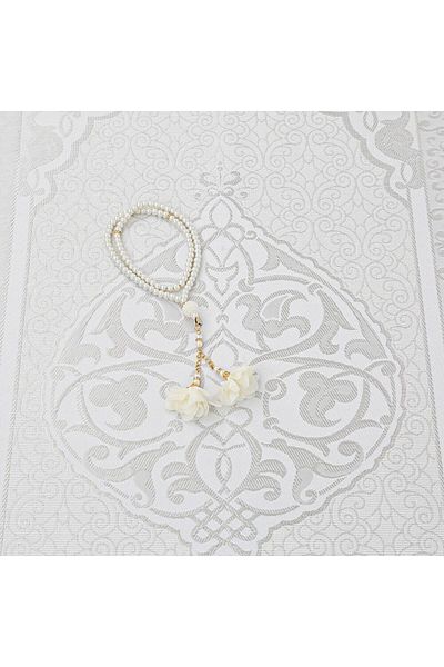 İkranur Gift Silk Nur Taffeta Prayer Rug Cream & Rose Pearl Prayer Beads 8 Mm Cream