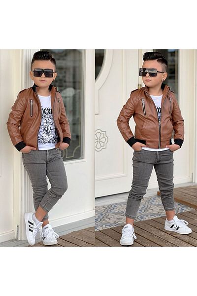 elfanto kıds Men's Cocuk Sun Leather Coat