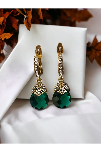 FAYRA ACCESSORIES Zirkon Taşlı Zümrüt Yeşili Kedi Gözü Küpe