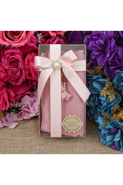 İkranur Pink Gift Shawl and Pearl Rosary - Pink with Roses