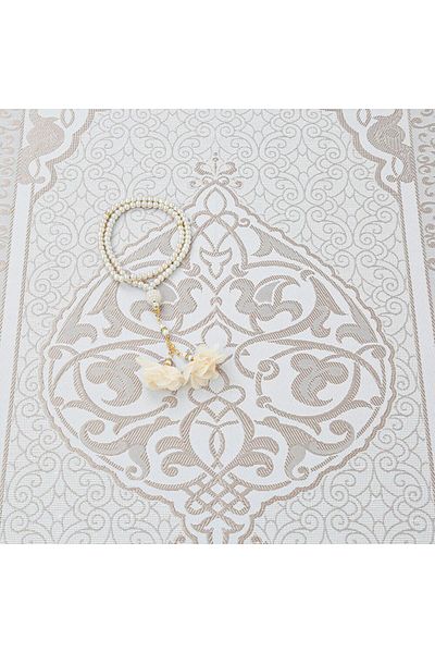 İkranur Gift Silk Nur Taffeta Prayer Rug Mink & Rose Pearl Rosary 8 Mm Mink