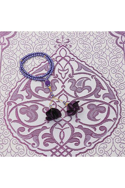 İkranur Gift Silk Nur Taffeta Prayer Rug Purple & Rose Pearl Rosary 8 Mm Purple