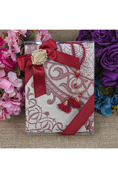 İkranur Gift Silk Nur Taffeta Prayer Rug Burgundy & Rose Pearl Rosary 8 Mm Burgundy
