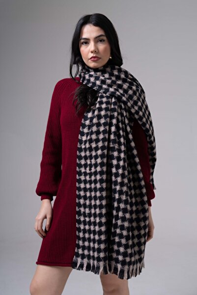 The Moirai Houndstooth Patterned Cashmere 100% Viscose Black-Beige Shawl