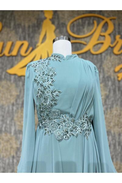 MODA Mint Yeşili Dantel Taş İşlemeli Tesettür Abiye