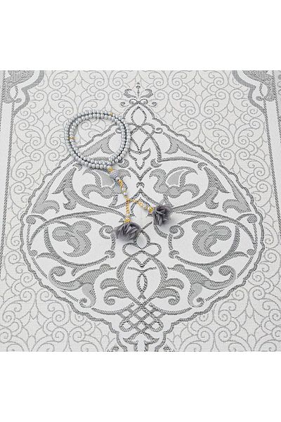 İkranur Gift Silk Nur Taffeta Prayer Rug Dark Gray & Rose Pearl Rosary 8 Mm Dark Gray