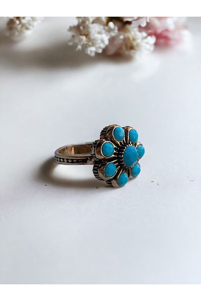 FAYRA ACCESSORIES Diamond and Turquoise Stone Detailed Cluster Ring