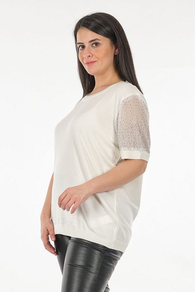 Vedi -bb Round Neck Large Size Sleeve Detailed Ecru Women's Knitwear2322019