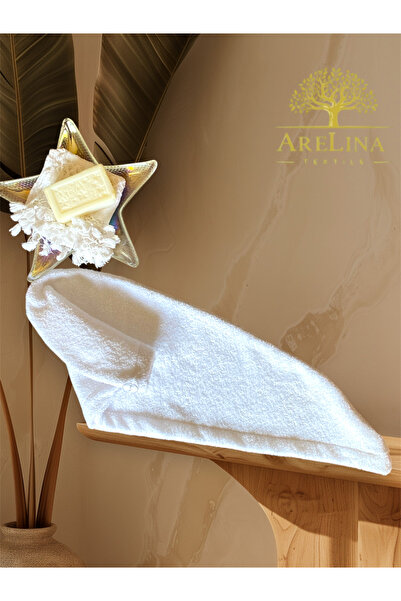 Arelina Textile %100 Pamuk Saç Beyaz Kurutma Bonesi/Havlusu Lastikli ve Düğmeli