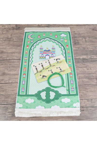 İkranur سجادة صلاة للأطفال مقاس 45*82 سم باللون الأخضر الصحراوي وسبحة عطرية باللون الأخضر وآهتم نماز كيلينج بزل