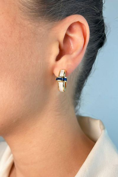 Sose Moda White Enameled Navy Blue Stone Hoop Earrings