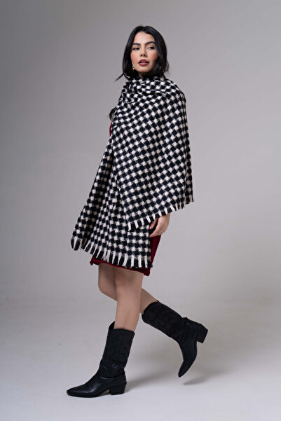 The Moirai Houndstooth Patterned Cashmere 100% Viscose Navy Blue White Shawl