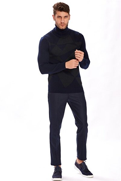 Ecer Чорний трикотажний светр з довгими рукавами, коміром-стійкою та геометричним візерунком 77022123