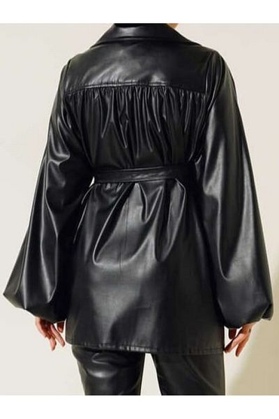 Modamorfo Lederjacke mit elastischen Ärmeln und Ballonärmeln – Schwarz