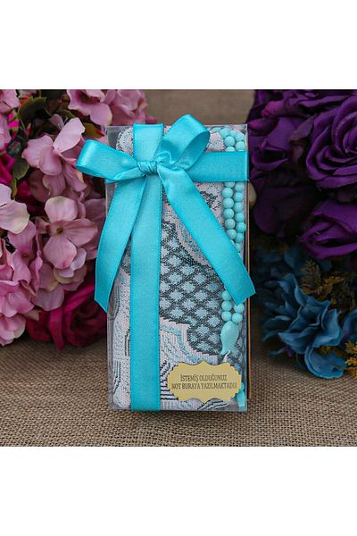 İkranur Gift Broker Prayer Rug Blue, Scented Prayer Beads Blue, Kraft Acetate Box (20×10) Set