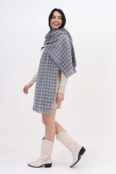 The Moirai Houndstooth Patterned Cashmere 100% Viscose Blue-Beige Shawl